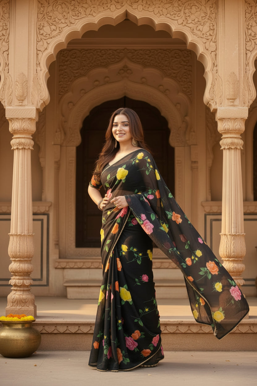 Georgette printed saree with unstitched blouse(black)