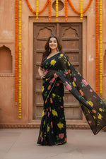 Load image into Gallery viewer, Georgette Printed Saree With Unstitched Blouse(Black)
