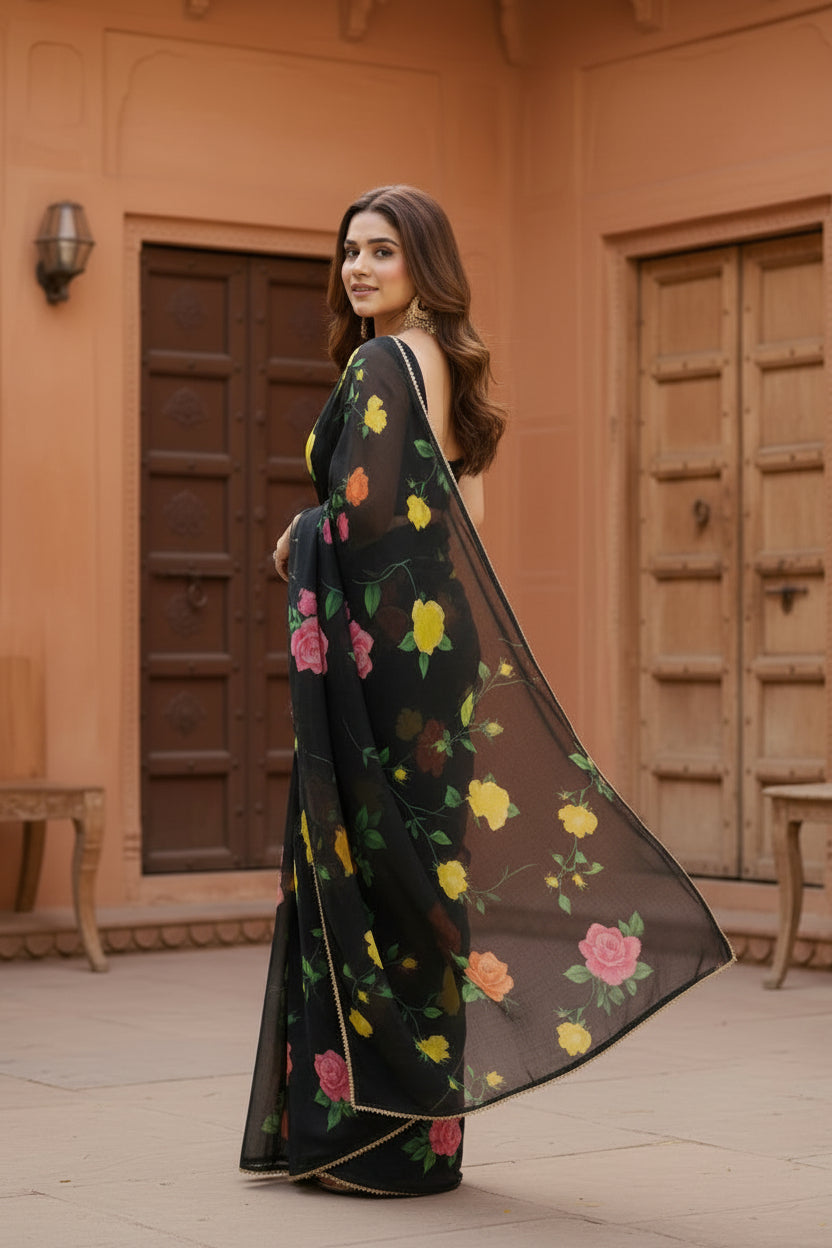Georgette Printed Saree With Unstitched Blouse(Black)