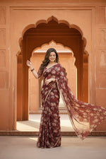 Load image into Gallery viewer, Georgette Printed Saree With Unstitched Blouse(maroon)
