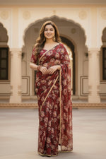 Load image into Gallery viewer, Georgette Printed Saree With Unstitched Blouse(maroon)
