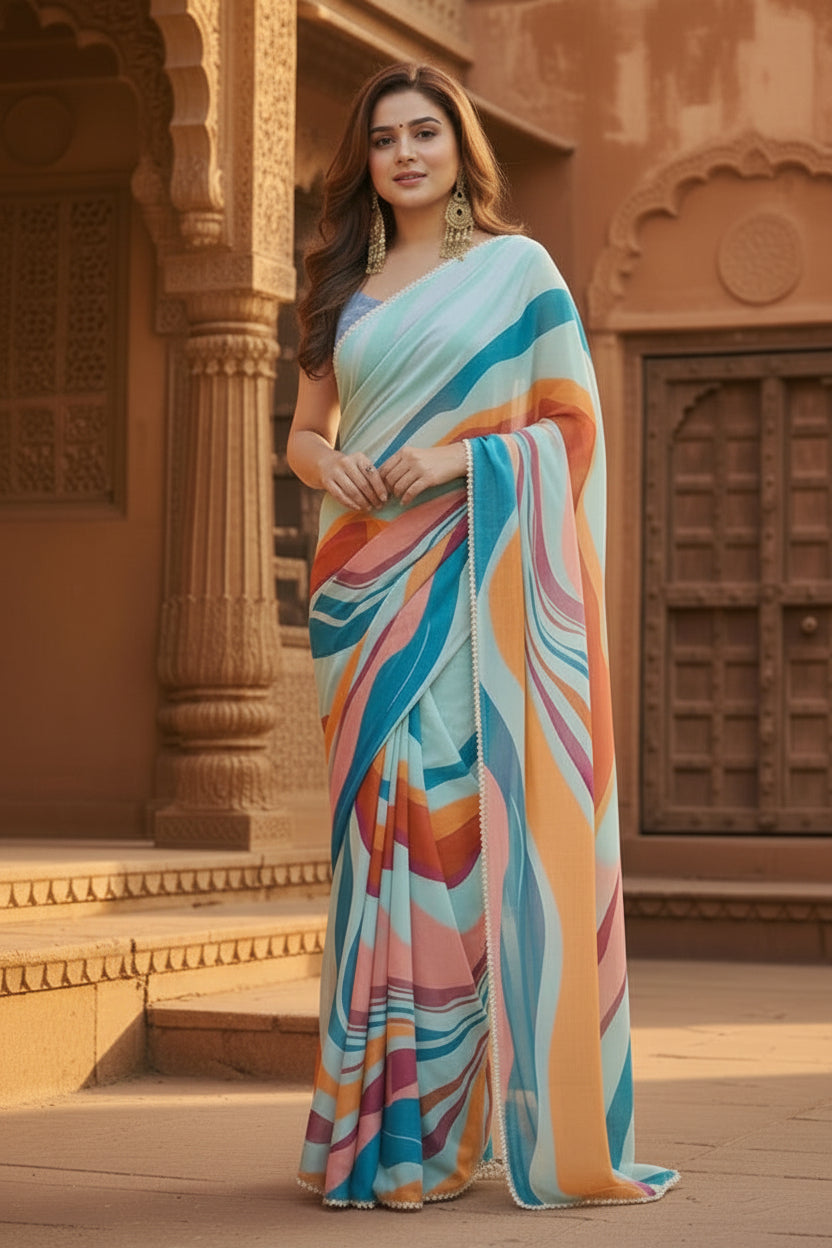 Georgette Printed Saree With Unstitched Blouse(Blue)
