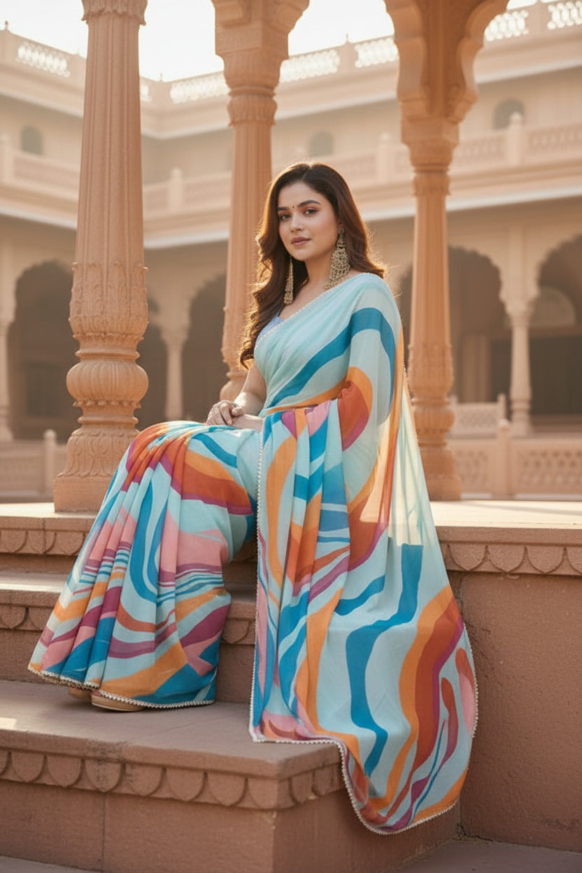 Georgette Printed Saree With Unstitched Blouse(Blue)