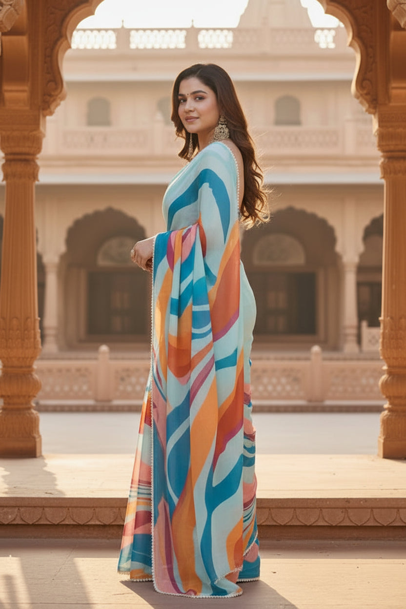 Georgette Printed Saree With Unstitched Blouse(Blue)