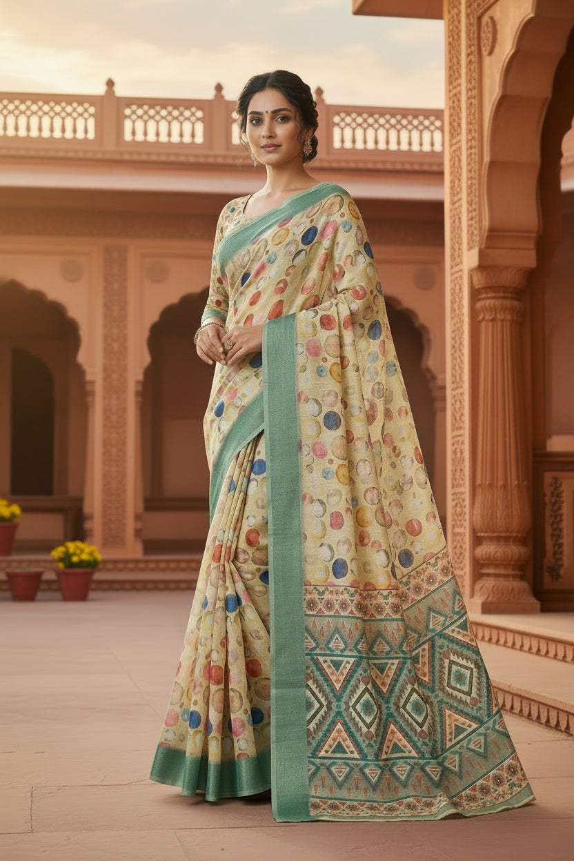 Cotton Digital Printed Saree With  Unstitched Blouse( Dairy Cream)