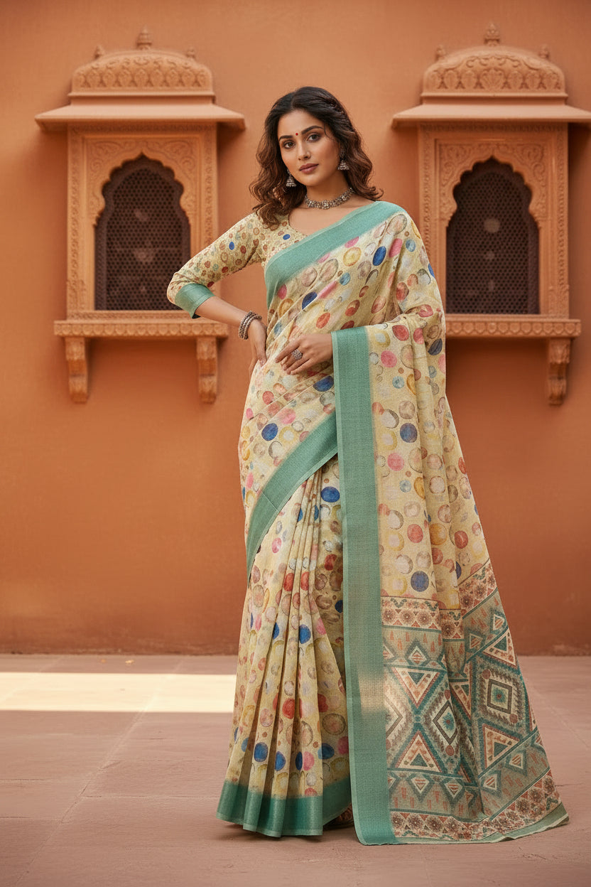 Cotton Digital Printed Saree With  Unstitched Blouse( Dairy Cream)