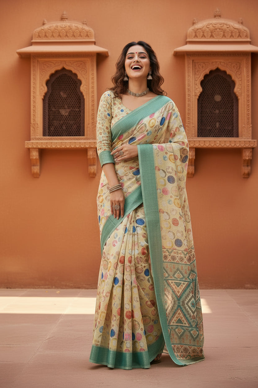 Cotton Digital Printed Saree With  Unstitched Blouse( Dairy Cream)