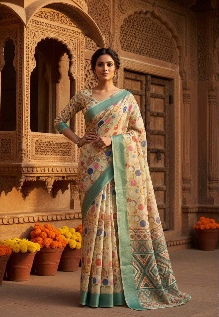 Cotton Digital Printed Saree With  Unstitched Blouse( Dairy Cream)