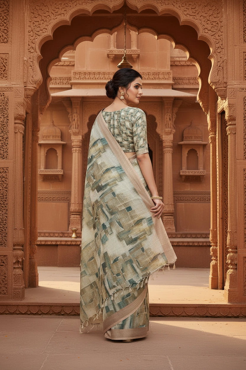 Cotton digital printed saree with  unstitched blouse(jungle green)