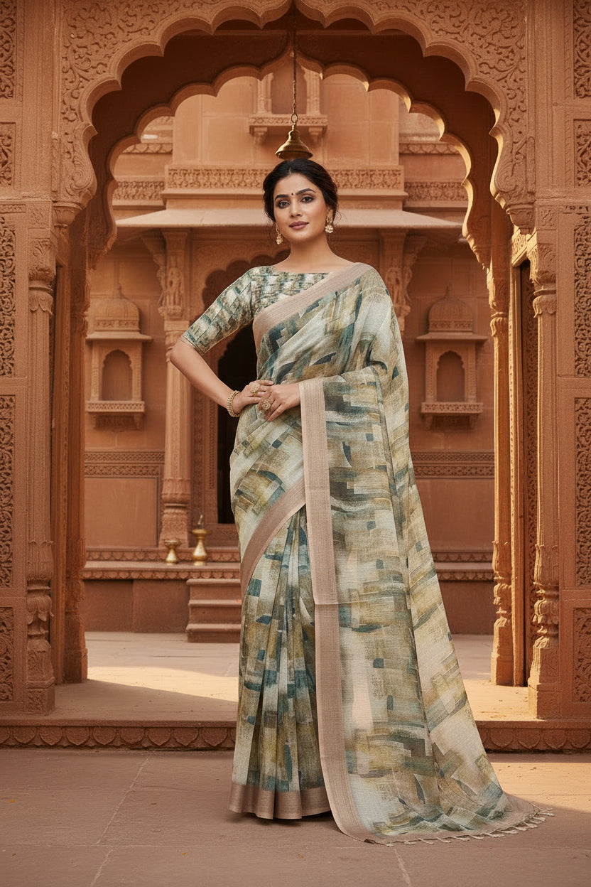 Cotton Digital Printed Saree With  Unstitched Blouse(Jungle Green)