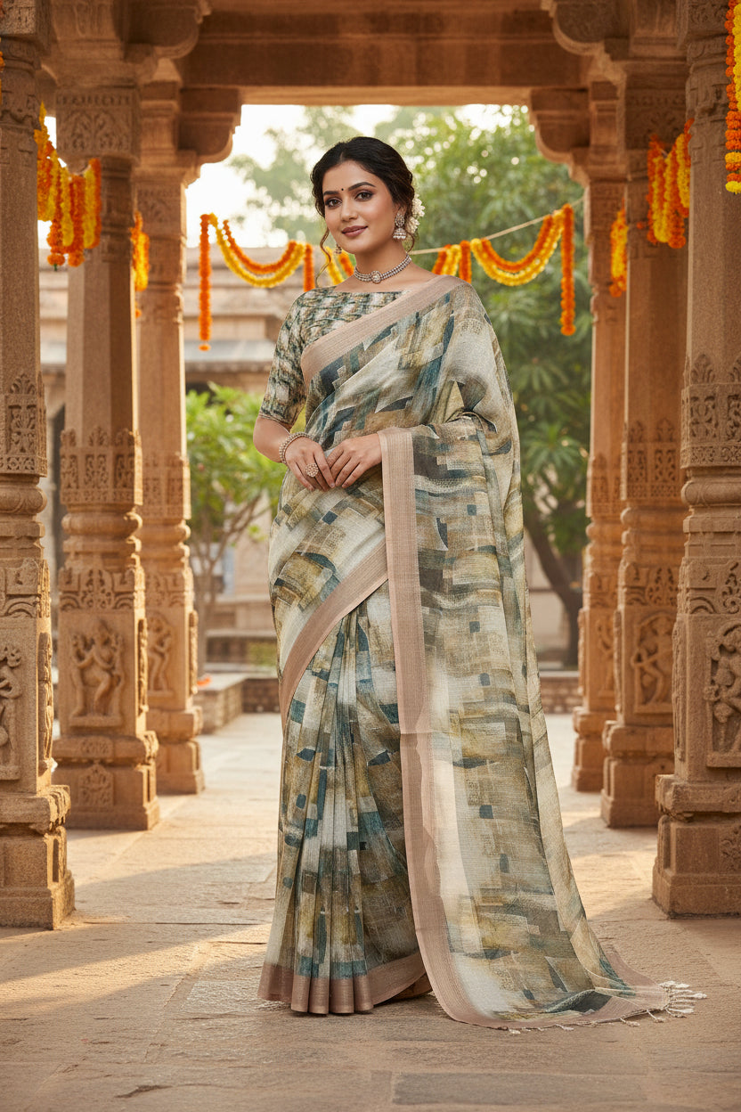 Cotton Digital Printed Saree With  Unstitched Blouse(Jungle Green)