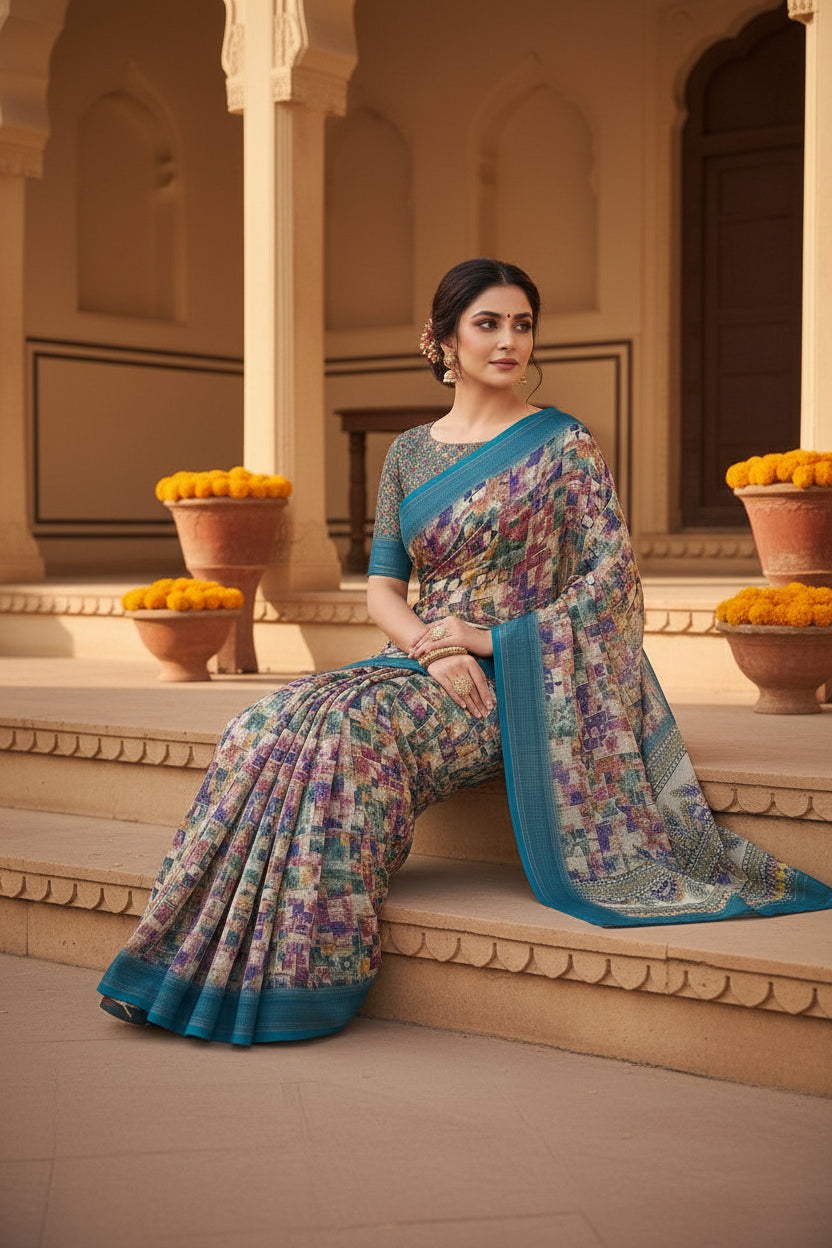 Cotton Digital Printed Saree With  Unstitched Blouse(Morpich)