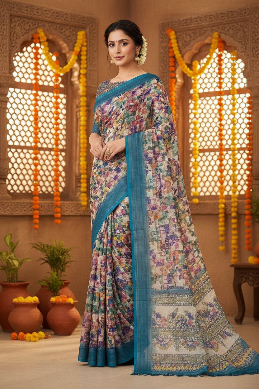 Cotton Digital Printed Saree With  Unstitched Blouse(Morpich)