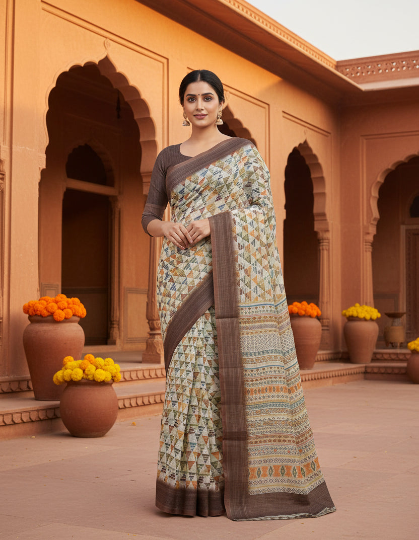 Cotton Digital Printed Saree With  Unstitched Blouse(Cream)