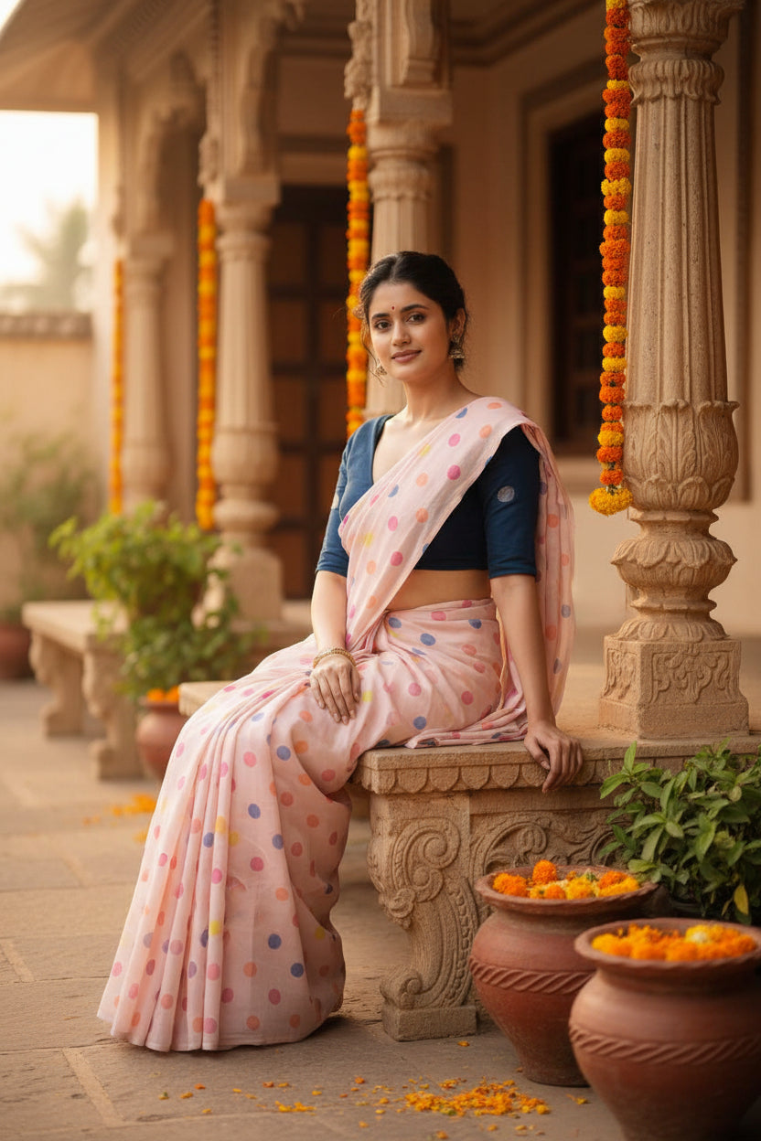 Soft Linen Digital Print Saree With Unstitched Blouse(Pink)