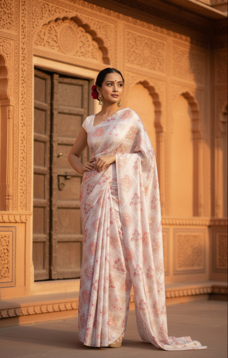 Designer Satin Silk Saree With Unstitched Blouse(Salmon)