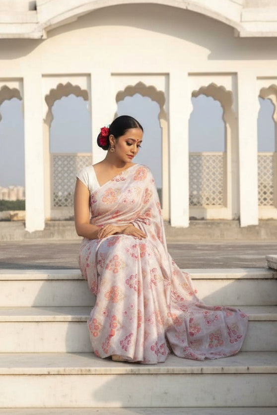 Designer Satin Silk Saree With Unstitched Blouse(Salmon)