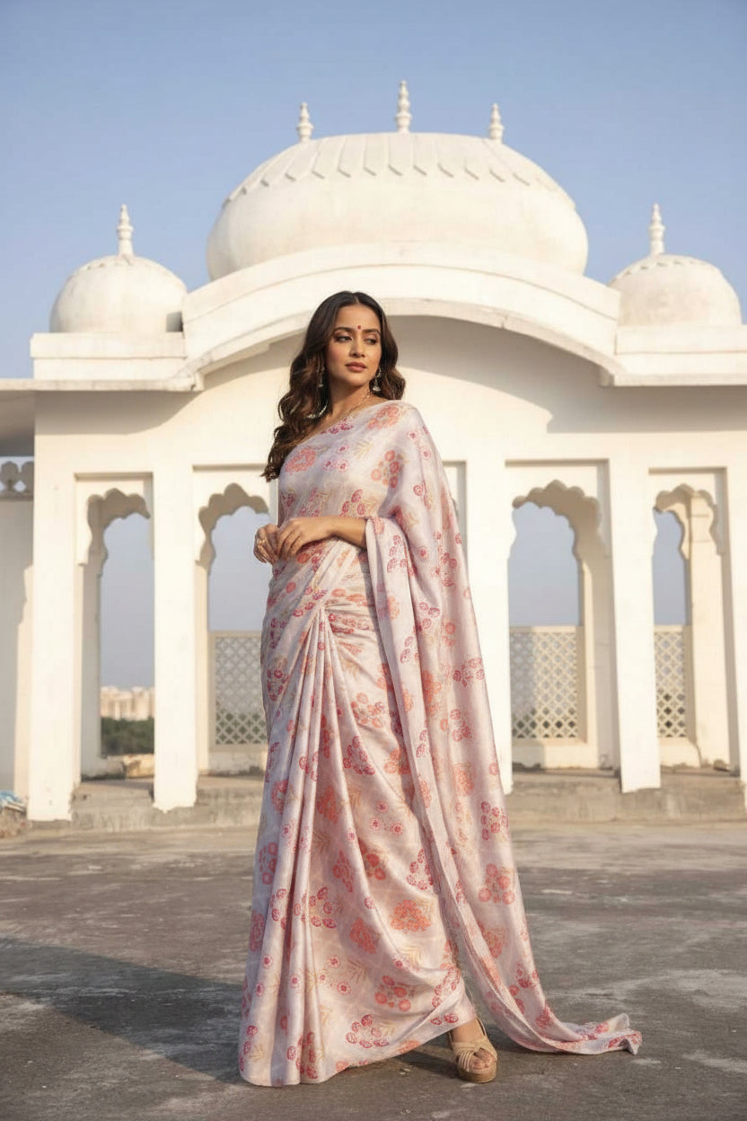 Designer Satin Silk Saree With Unstitched Blouse(Salmon)