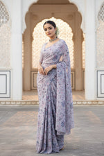 Load image into Gallery viewer, Designer Satin Mulberry Silk Printed Sarees With Unstitched Blouse(Lavender)
