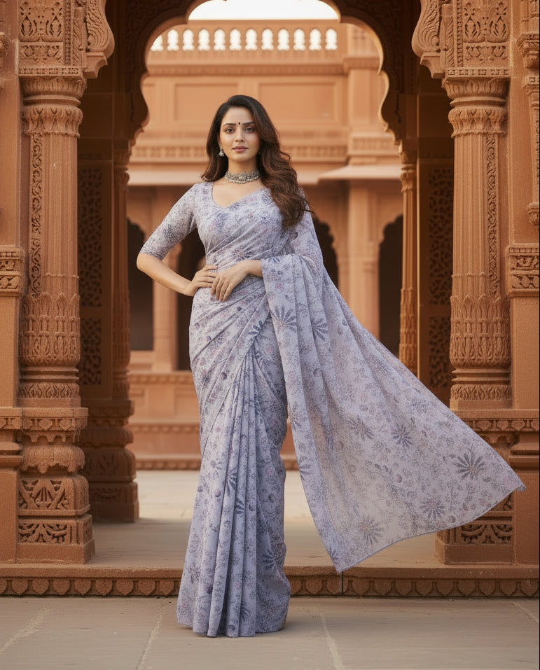 Designer Satin Mulberry Silk Printed Sarees With Unstitched Blouse(Lavender)