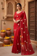 Georgette Heart Patch Work Saree With Unstitched Blouse(Red)
