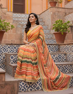Organza Lehriya Printed Moti Lace Work Saree With Unstitched Blouse(Salmon)