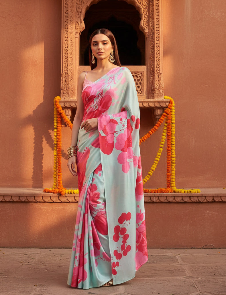 Satin Silk Printed Saree With Unstitched Blouse(Sky)