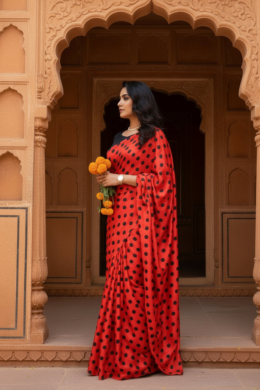 Satin Silk Printed Saree With Unstitched Blouse(Red)