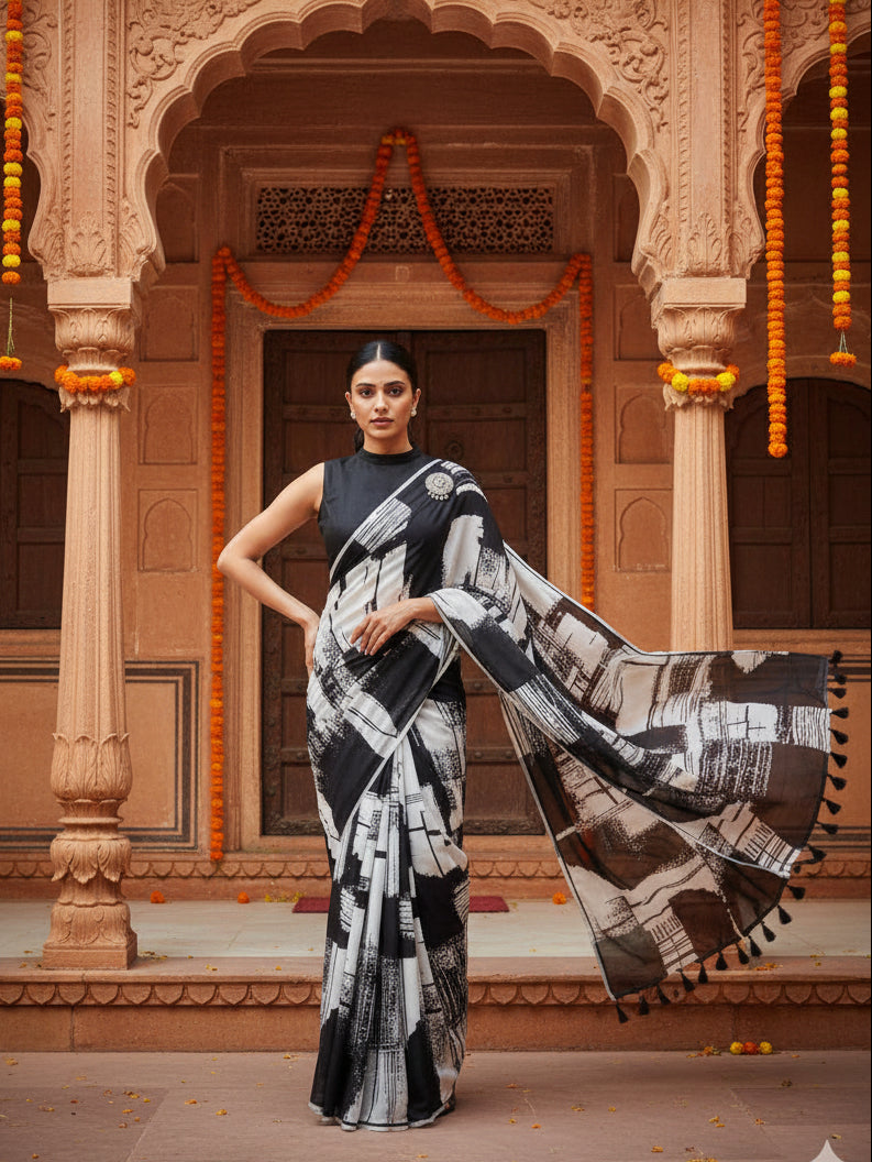 Fancy Designer Linen Marshmallow Digital Printed  Saree With Unstitched Blouse (Black & White)
