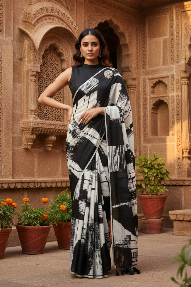 Fancy Designer Linen Marshmallow Digital Printed  Saree With Unstitched Blouse (Black & White)