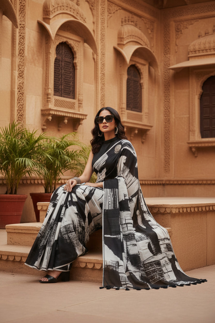 Fancy Designer Linen Marshmallow Digital Printed  Saree With Unstitched Blouse (Black & White)