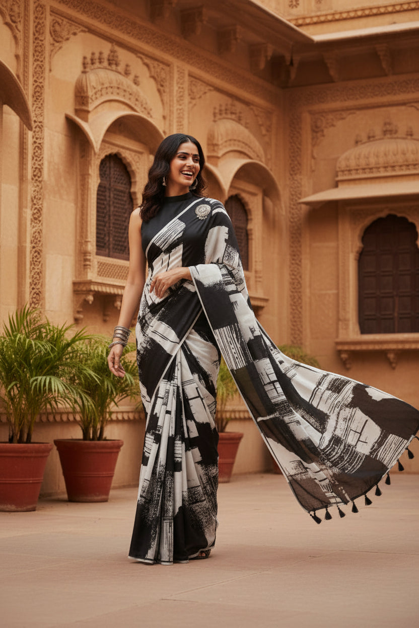 Fancy designer linen marshmallow digital printed  saree with unstitched blouse (black & white)