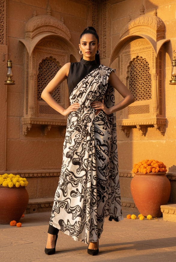 Fancy Linen Marshmallow Digital Printed Saree With Unstitched Blouse (Black & White)