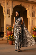 Load image into Gallery viewer, Fancy Linen Marshmallow Digital Printed Saree With Unstitched Blouse (Black &amp; White)
