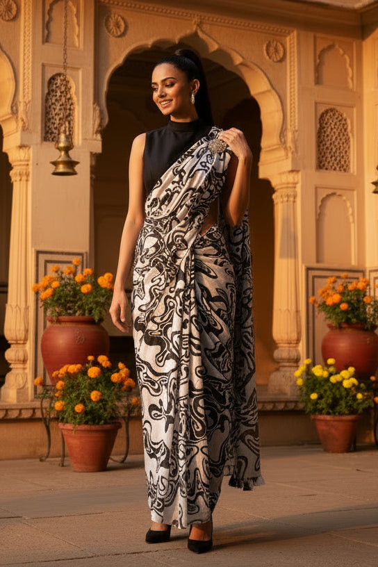 Fancy Linen Marshmallow Digital Printed Saree With Unstitched Blouse (Black & White)