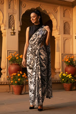 Load image into Gallery viewer, Fancy Linen Marshmallow Digital Printed Saree With Unstitched Blouse (Black &amp; White)

