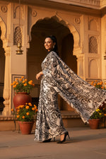 Load image into Gallery viewer, Fancy Linen Marshmallow Digital Printed Saree With Unstitched Blouse (Black &amp; White)
