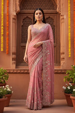 Load image into Gallery viewer, Georgette Sequence Work Saree With Unstitched Blouse(Pink)
