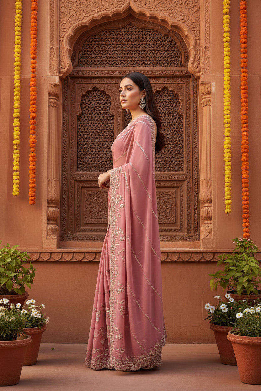 Georgette Sequence Work Saree With Unstitched Blouse(Pink)