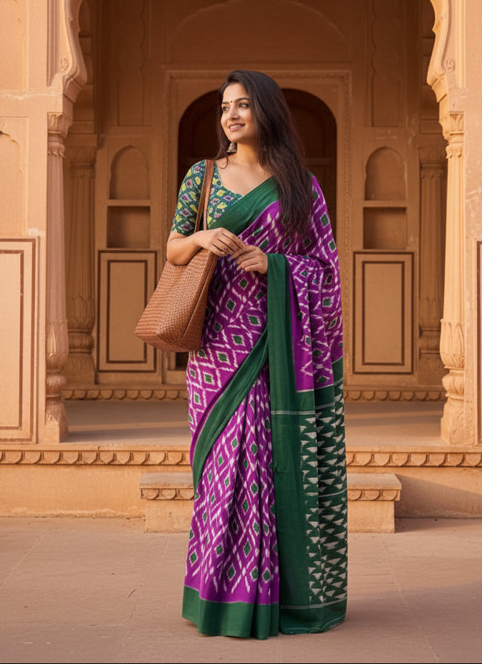 Pure Mulmul Cotton Printed Saree With Unstitched Blouse(Purple)