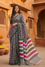 Mulmul Cotton Bagru Block Print Saree With Unstitched Blouse(Black)