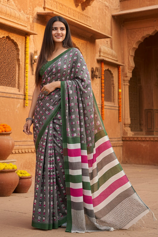 Mulmul Cotton Bagru Block Print Saree With Unstitched Blouse(Black)
