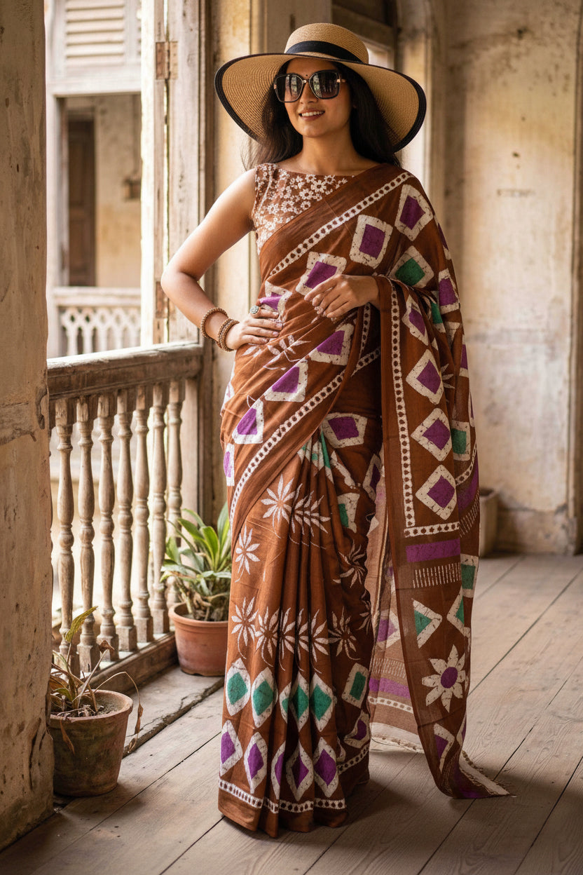 Soft Mulmul Cotton Batik Block Printed Saree with Unstitched Blouse(Brown)