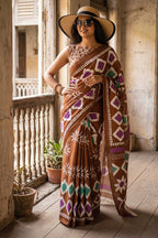 Soft Mulmul Cotton Batik Block Printed Saree with Unstitched Blouse(Brown)