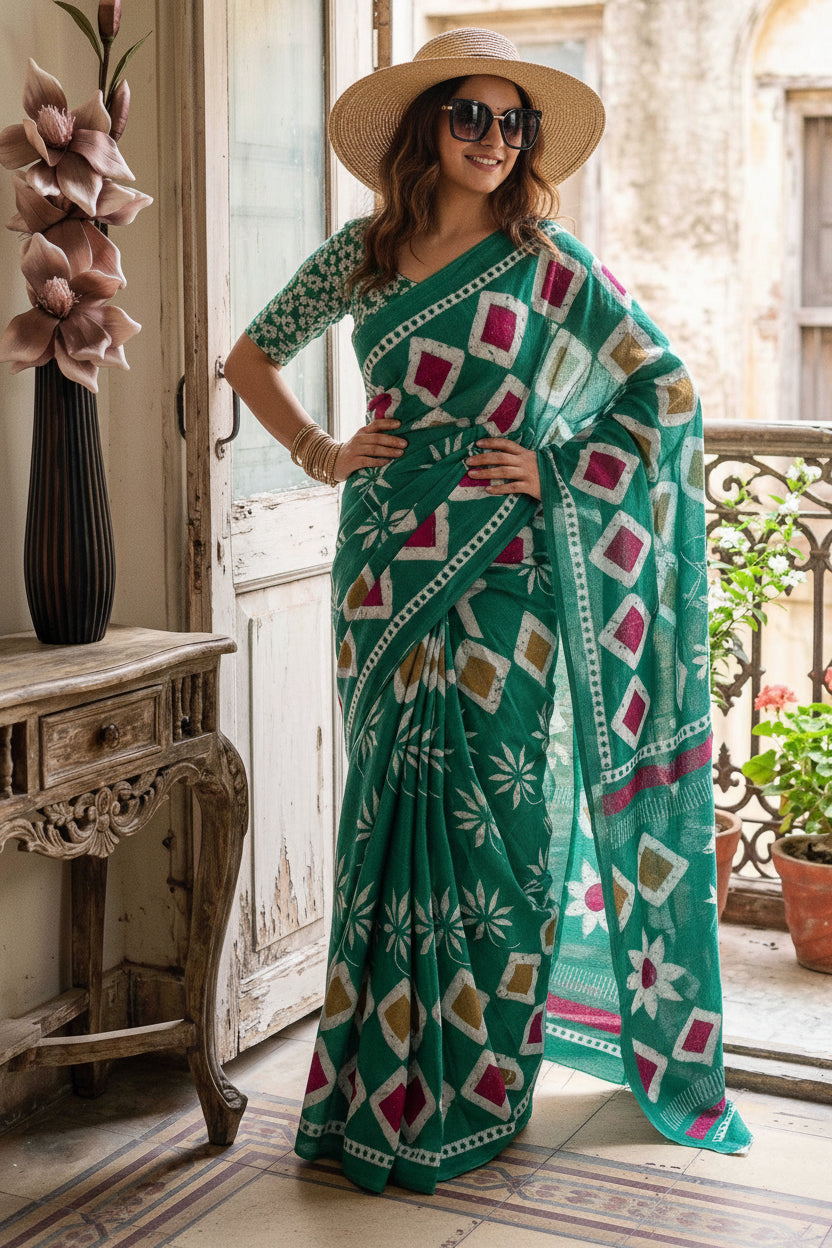 Soft Mulmul Cotton Batik Block-Printed Saree with Unstitched Blouse (Teal)
