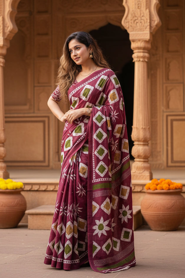 Soft Mulmul Cotton Batik Block-Printed Saree with Unstitched Blouse(Wine)