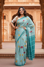 Soft Pure Mulmul Cotton Printed Saree With Unstitched Blouse(Sky Blue)