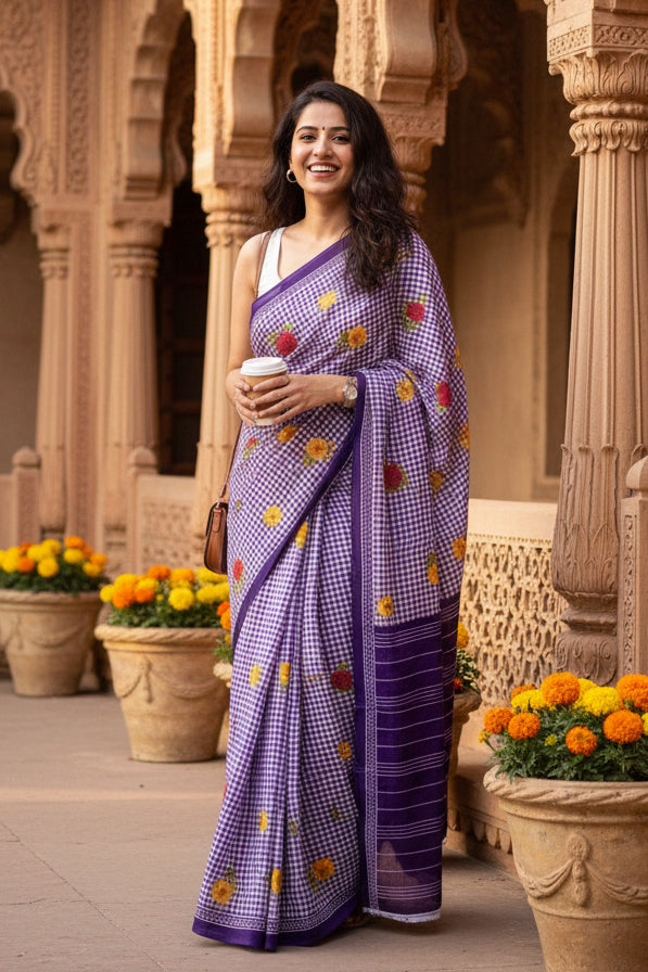 Soft Pure Mulmul Cotton Printed Saree With Unstitched Blouse(Purple)