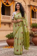 Soft Pure Mulmul Cotton Printed Saree With Unstitched Blouse(Green)