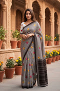 Soft Pure Mulmul Cotton Printed Saree With Unstitched Blouse(Black)